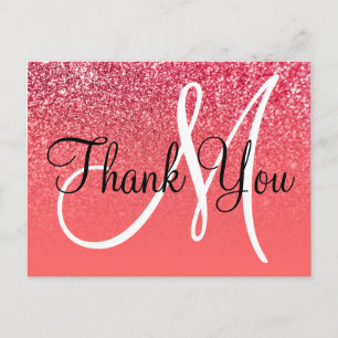 Postal Coral Rojo Ombre Glitter Monograma Gracias