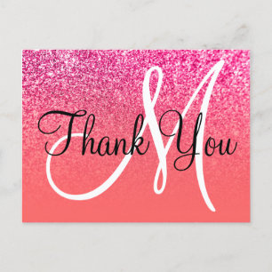 Postal Coral Rosa Fuerte Ombre Brillo Monograma Gracias
