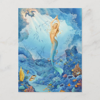 Postal "Coral", sirena, delfines, peces y naufragios