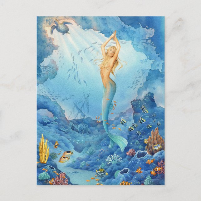 Postal "Coral", sirena, delfines, peces y naufragios (Anverso)