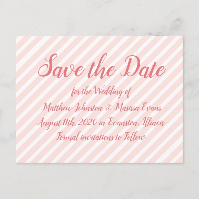 Postal Coral Striped Personalized Save the Date Postcard (Anverso)