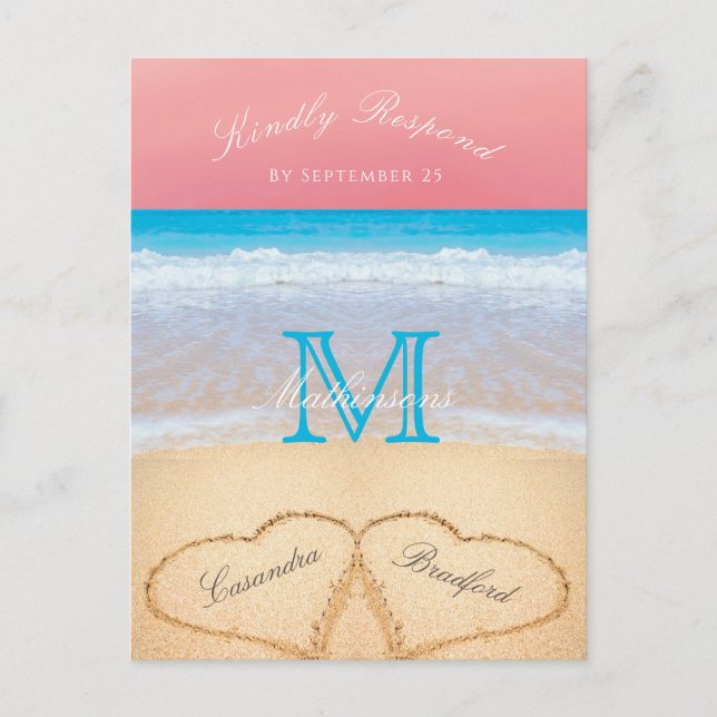 Postal Coral Sunset Otumn Beach Wedding RSVP (Anverso)