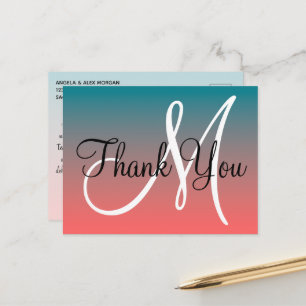 Postal Coral Teal Ombre Monograma Gracias