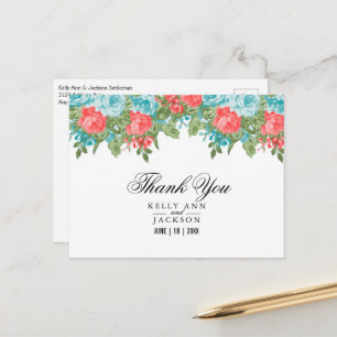 Postal Coral y Floral Verde Azul