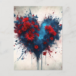 Postal Corazón azul en llamas con flores rojas