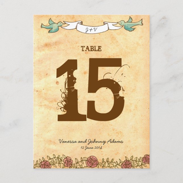 Postal Corazón bohemio, Rosas, pájaros y Boda de pancarta (Anverso)