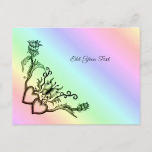 Postal Corazón con flores y mariposa en arcoiris