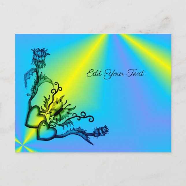 Postal Corazón con flores y mariposa en arcoiris (Anverso)