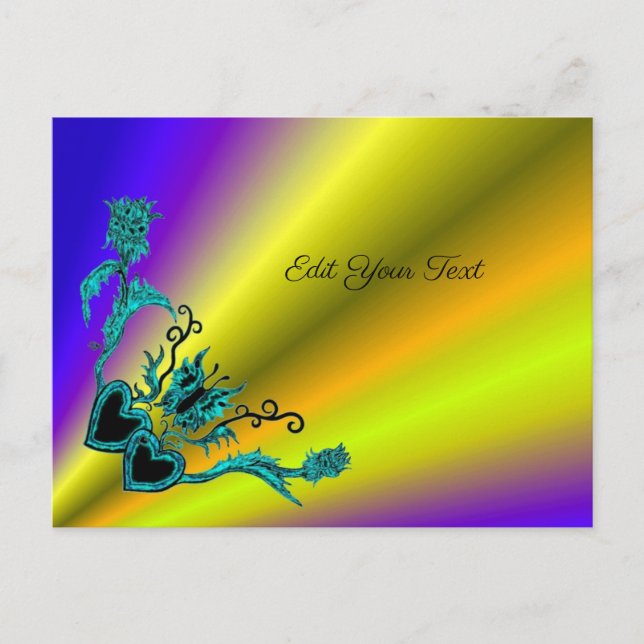 Postal Corazón con flores y mariposa en arcoiris (Anverso)