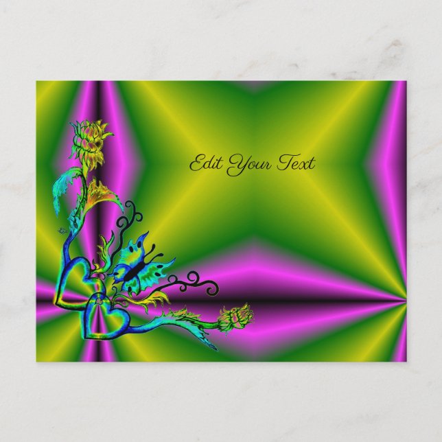 Postal Corazón con flores y mariposa en arcoiris (Anverso)