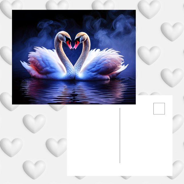Postal Corazón de amor de Swan Romance gótico (swans, love, gothic, romance, heart, dark, purple, black, fog, water, bird, nature, Valentine's Day)