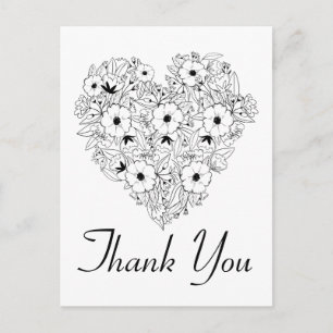 Postal Corazón de Anemone Floral Gracias Negro Blanco