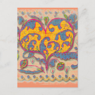 Postal Corazón de arte popular con hojas y flores
