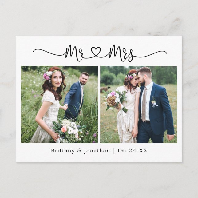 Postal Corazón de Caligrafía Boda 2 Fotos Gracias (Anverso)