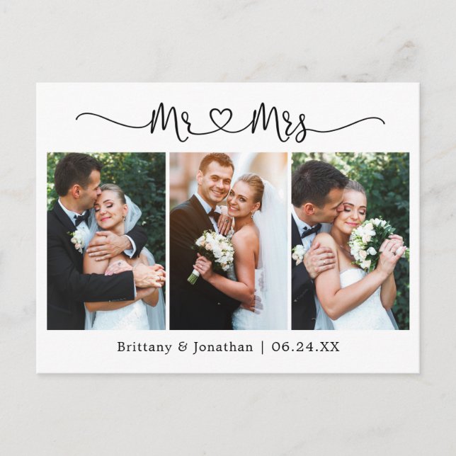 Postal Corazón de Caligrafía Boda 3 Fotos Gracias (Anverso)