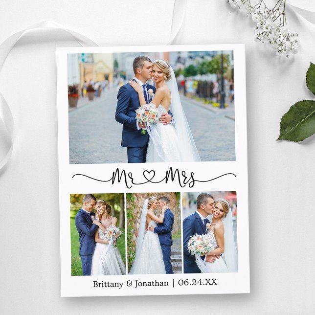 Postal Corazón de Caligrafía Boda 4 Fotos Agradecimiento (Customize to change your personalized text size or text style.)