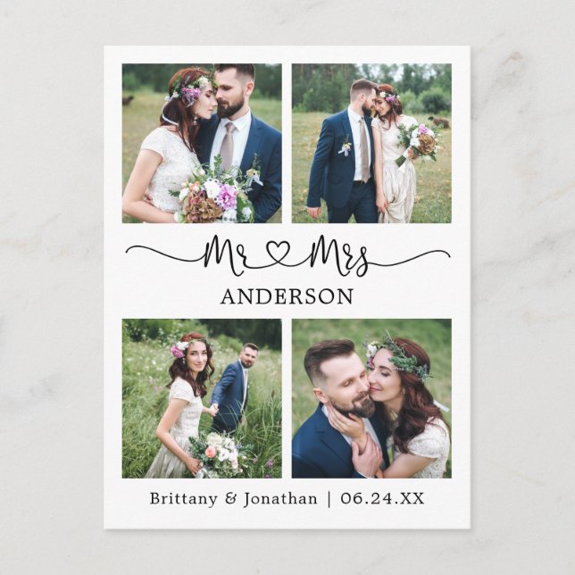 Postal Corazón de Caligrafía Moderna 4 Foto Bodas Agradec (Anverso)