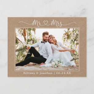 Postal Corazón de Caligrafía Sr. Sra. Boda Kraft Gracias
