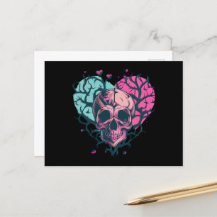 Postal Corazón de cráneo y ramas vintage