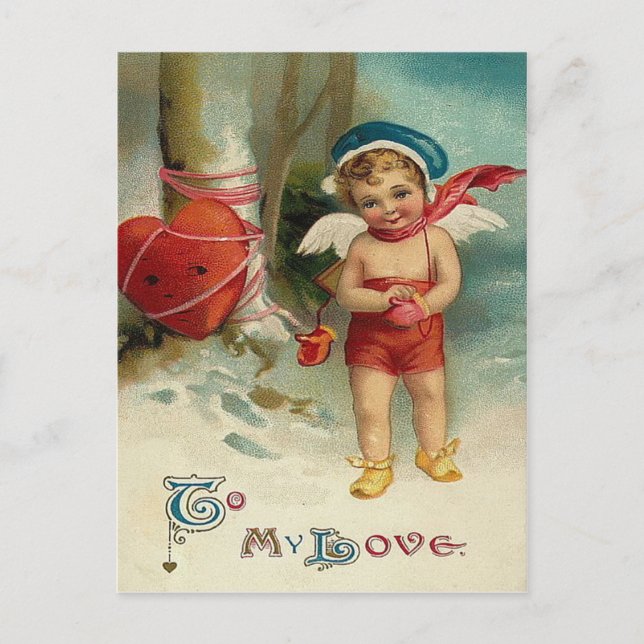 Postal Corazón de Cupido Atado al Árbol (Anverso)