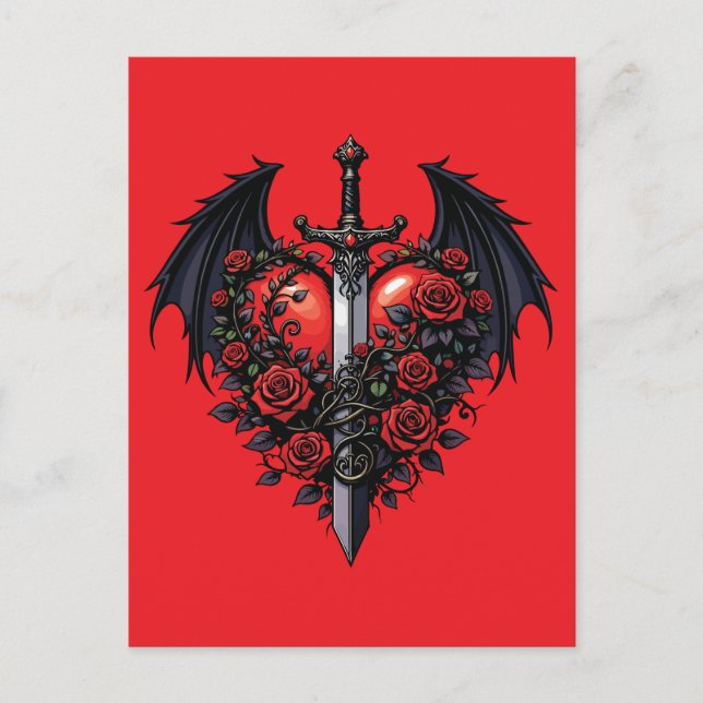 Postal Corazón de espada gótica con alas de murciélago Ta (Anverso)