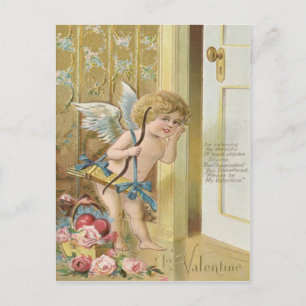 Postal Corazón de flecha de arco de Cupido Rosas Rosa
