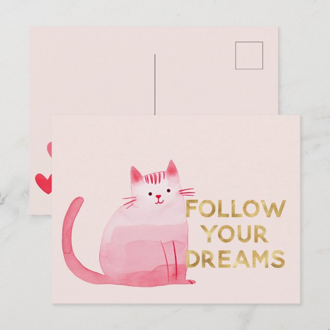 Postal Corazón de gato rosa lindo Oro seguir sueños (Anverso / Reverso)