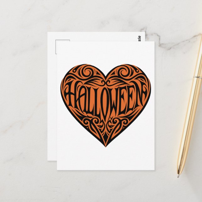 Postal Corazón de Halloween, Corazón Negro, Fiesta (Anverso/Reverso In Situ)