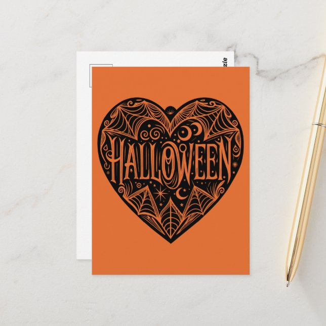 Postal Corazón de Halloween, forma de corazón negro, fest (Anverso/Reverso In Situ)