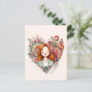 Postal Corazón de las flores - mujer enmarcada en el cora