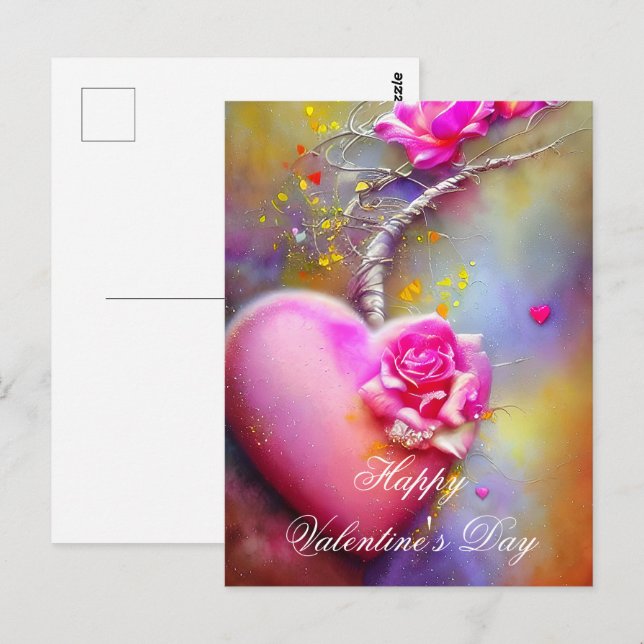 Postal Corazón de parra rosa y valentín de rosa (Anverso / Reverso)