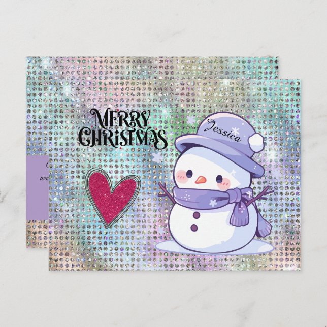 Postal Corazón de Purpurina de Snowman dulce navidad (Anverso / Reverso)