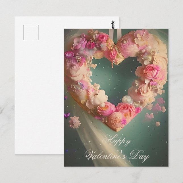 Postal Corazón de San Valentín floral rosa romántico (Anverso / Reverso)