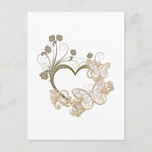 Postal Corazón elegante de mariposas y flores (Anverso)