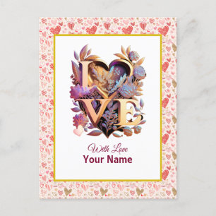 Postal Corazón floral romántico y dorado