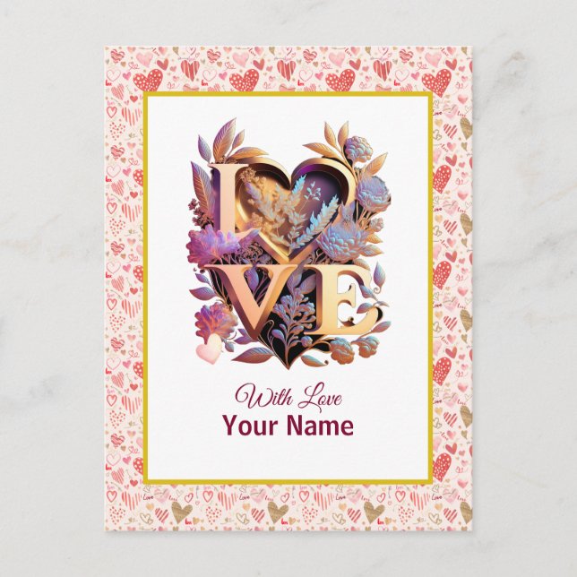 Postal Corazón floral romántico y dorado (Anverso)