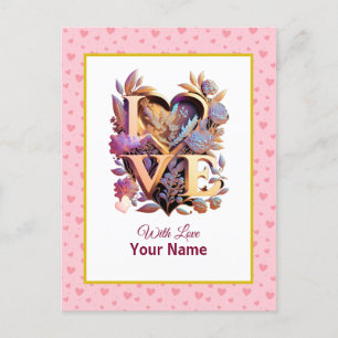 Postal Corazón floral romántico y dorado