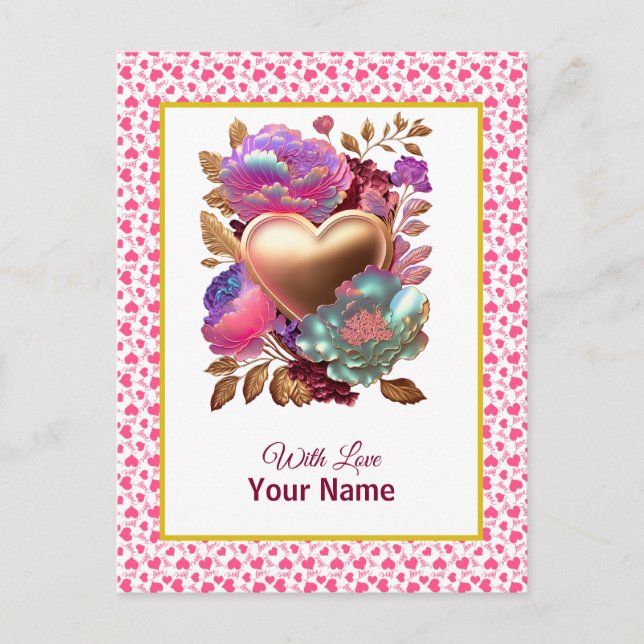 Postal Corazón floral romántico y dorado (Anverso)