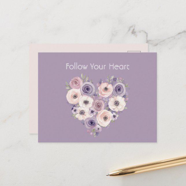 Postal Corazón Floral Rosa Púrpura Blanco (Anverso/Reverso In Situ)