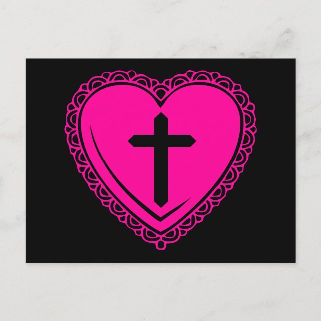 Postal Corazón Gótico + Cruz (Negro + Rosa) (Anverso)
