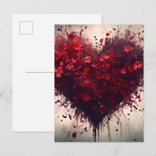Postal Corazón lleno de flores rojas que reventan (Anverso / Reverso)