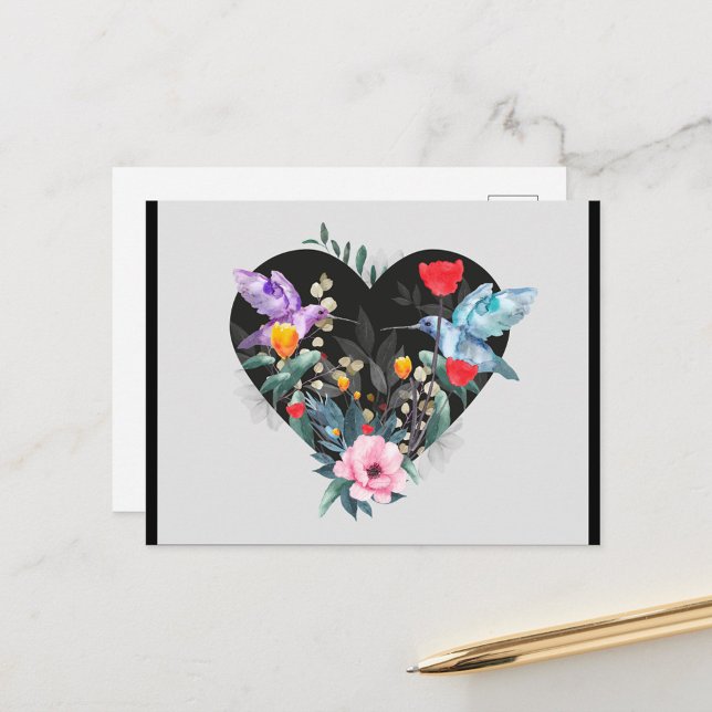 Postal Corazón negro (Watercolor illustration featuring a black heart shape filled with a variety of flowers!)