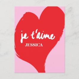 Postal Corazón rojo con je t’aime-text sobre fondo rosado