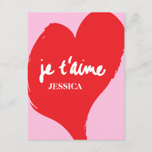 Postal Corazón rojo con je t’aime-text sobre fondo rosado