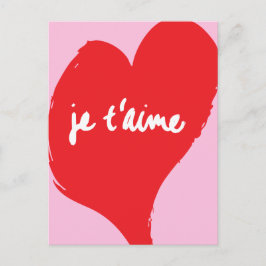 Postal Corazón rojo con je t’aime-text sobre fondo rosado