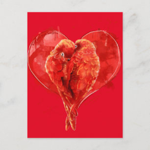 Postal Corazón rojo. Me encantan los loros.