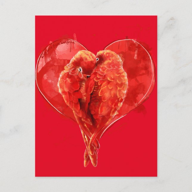 Postal Corazón rojo. Me encantan los loros. (Anverso)