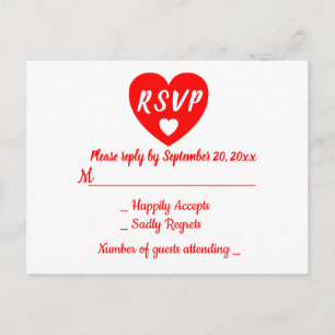 Postal Corazón rojo y blanco RSVP Boda Fiestas,