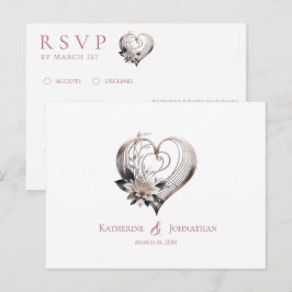 Postal Corazón rosa moderno con flores-RSVP-Boda-