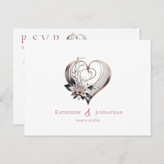 Postal Corazón rosa moderno con flores-RSVP-Boda- (Anverso / Reverso)